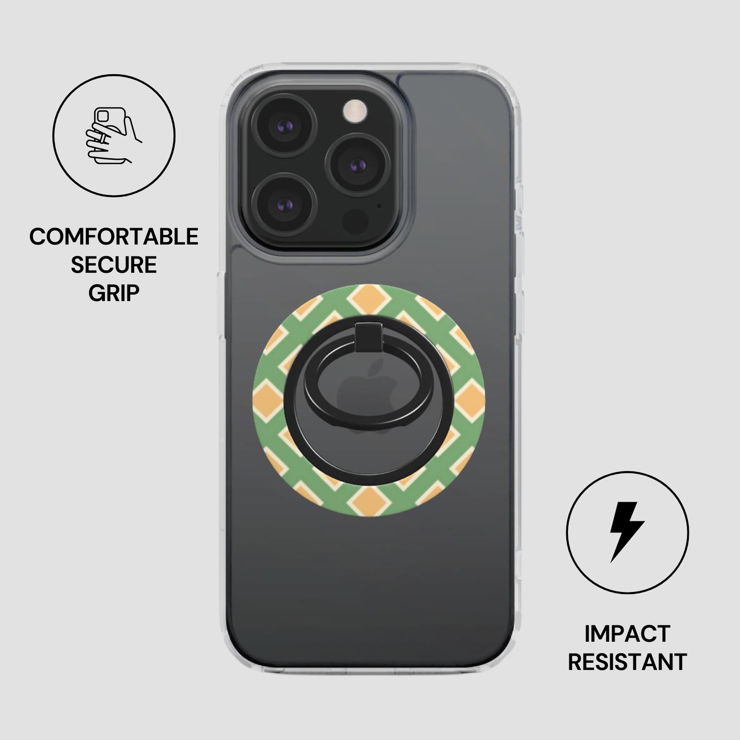Phone case with a ring holder on a gray background
