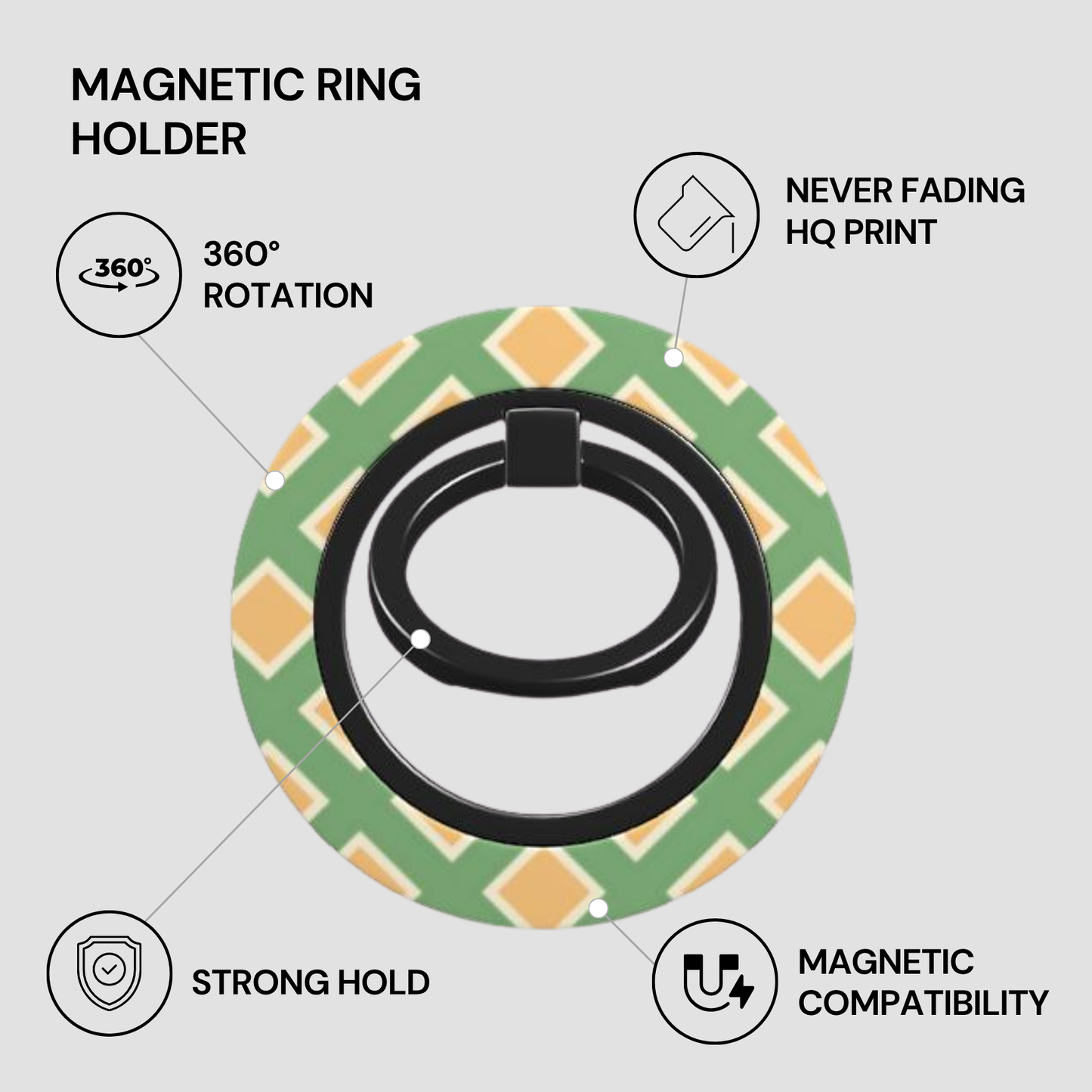 Magnetic ring holder with features highlighted on a gray background