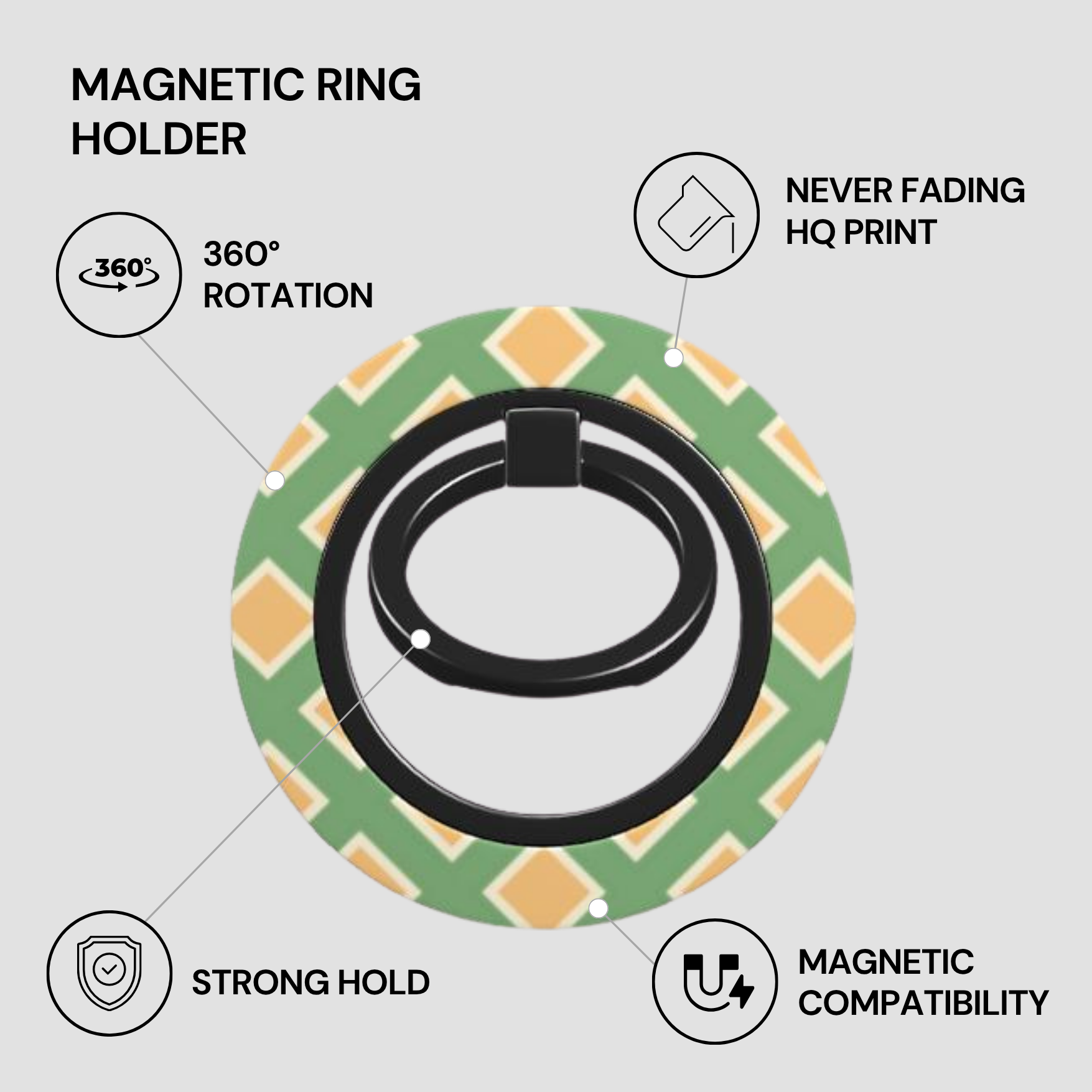 Magnetic ring holder with features highlighted on a gray background