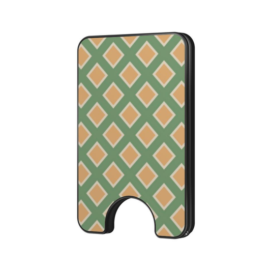 Diamond Grove Magnetic Wallet with sage green lattice pattern and warm tan diamond details