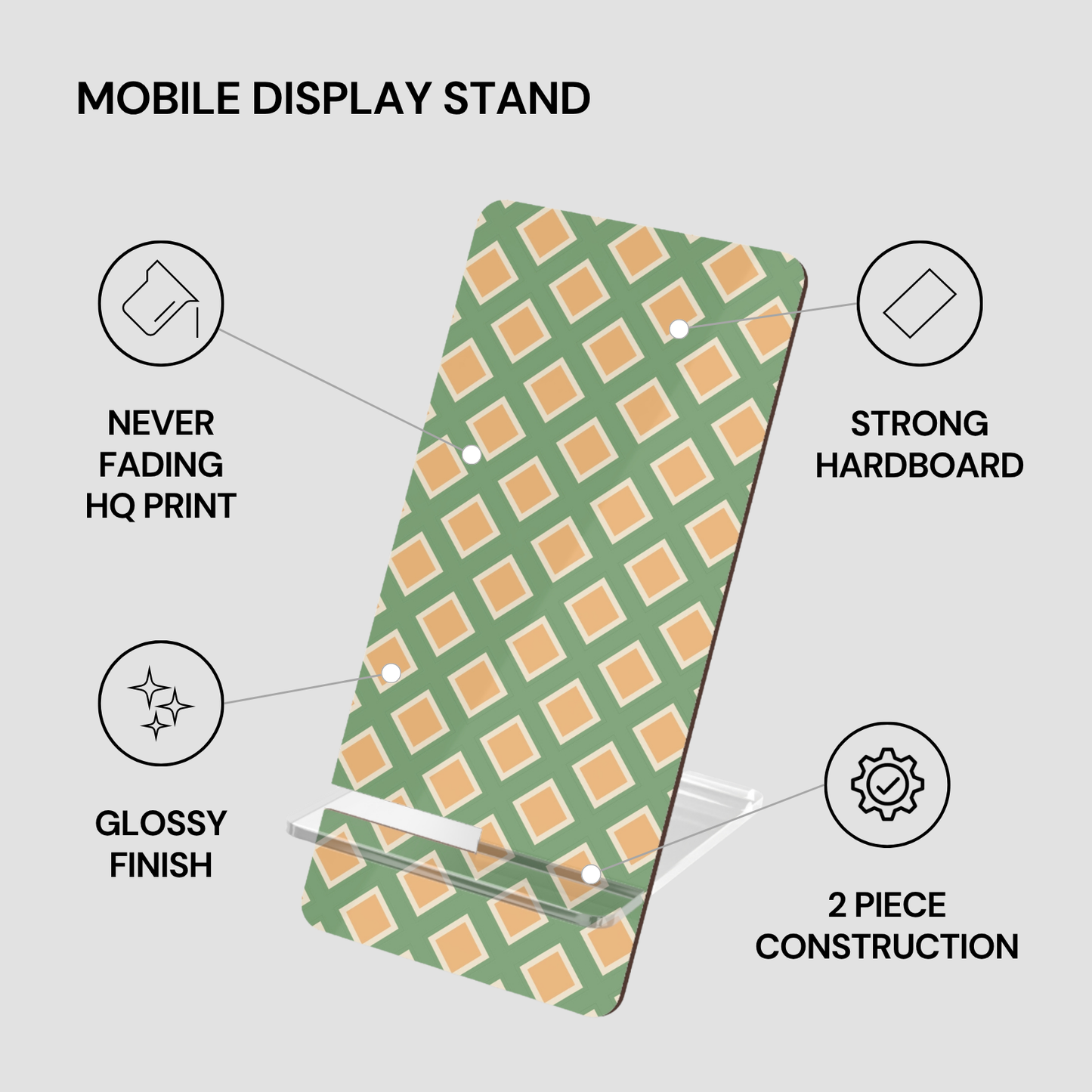 Mobile display stand with green and orange checkered pattern on a gray background
