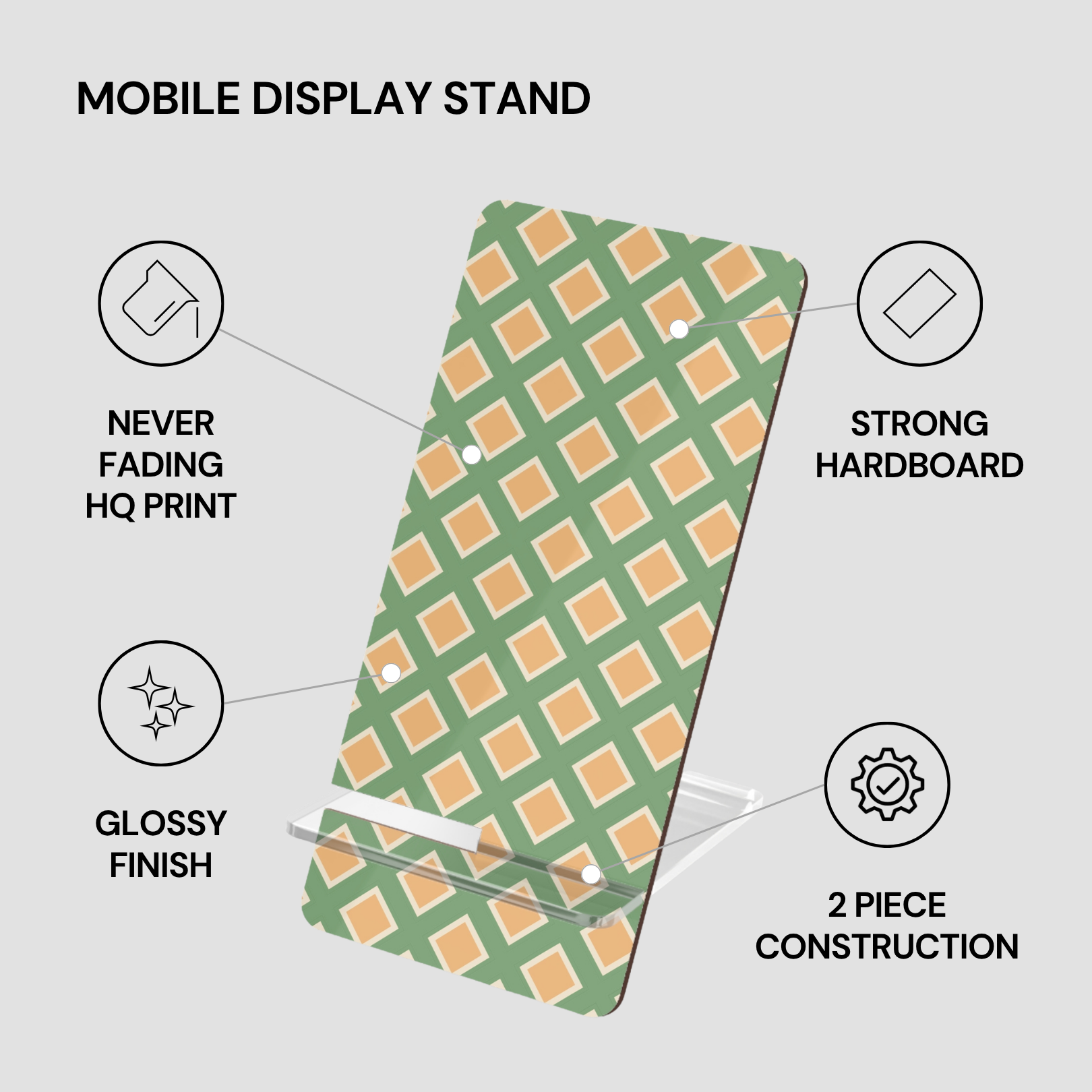 Mobile display stand with green and orange checkered pattern on a gray background