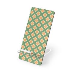Phone stand with green and orange checkered pattern on a white background