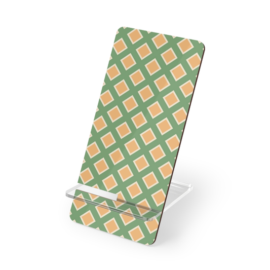 Phone stand with green and orange checkered pattern on a white background