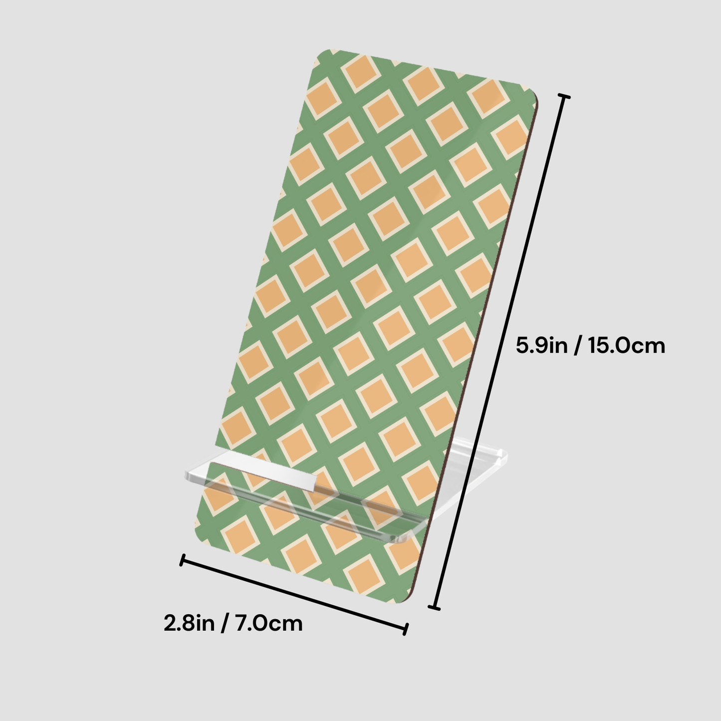 Green and orange checkered phone case with dimensions on a light gray background