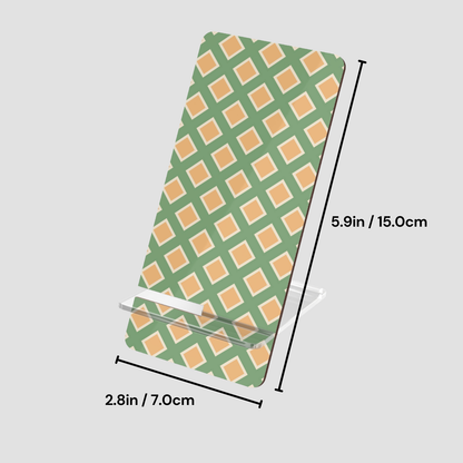Green and orange checkered phone case with dimensions on a light gray background