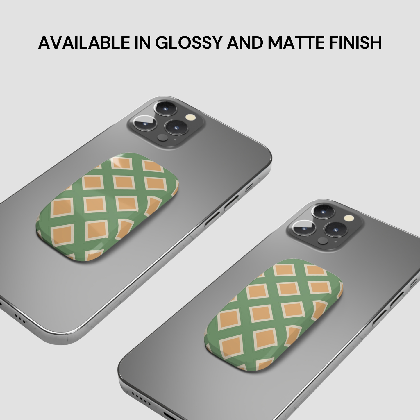 Two phone cases with green and orange pattern on a gray background