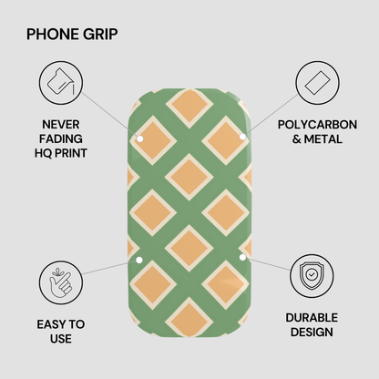 Phone grip with green and orange pattern on a gray background, featuring text about product features.