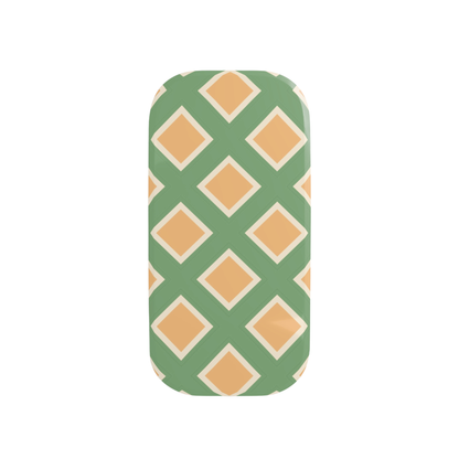 Phone case with green and beige geometric pattern on a white background