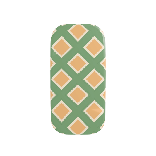 Phone case with green and beige geometric pattern on a white background