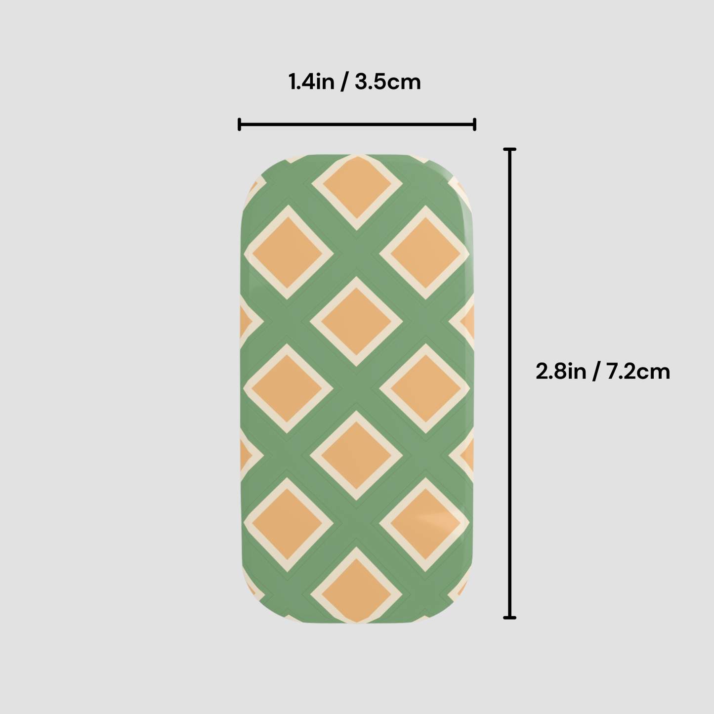 Green and orange patterned product with measurements on a gray background