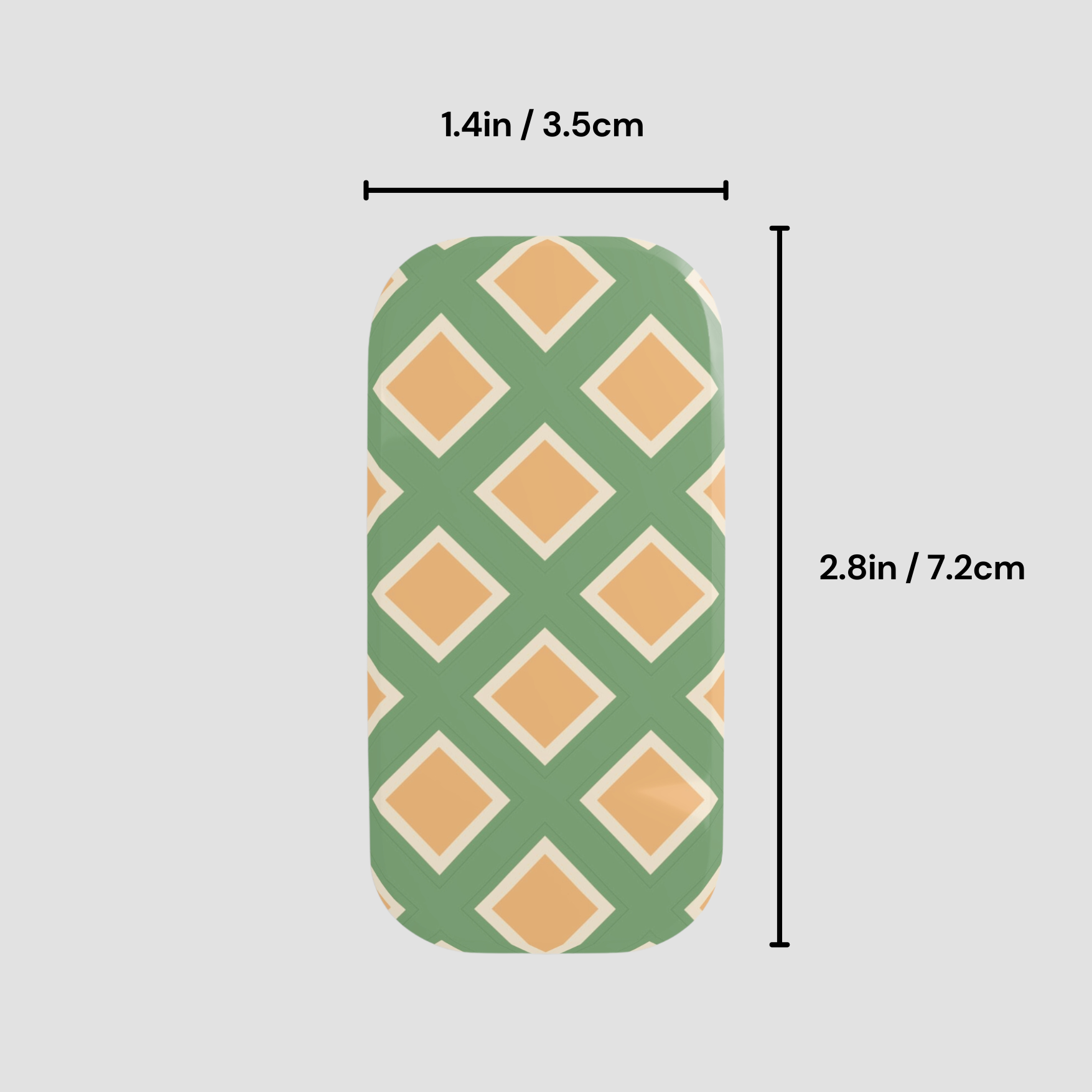 Green and orange patterned product with measurements on a gray background