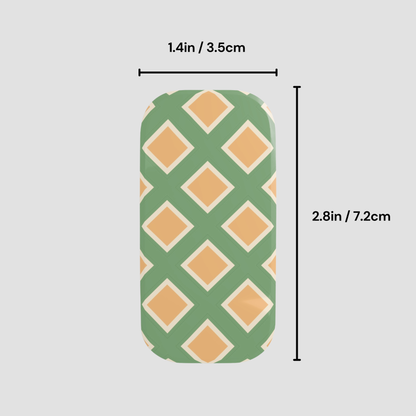 Green and orange patterned product with measurements on a gray background