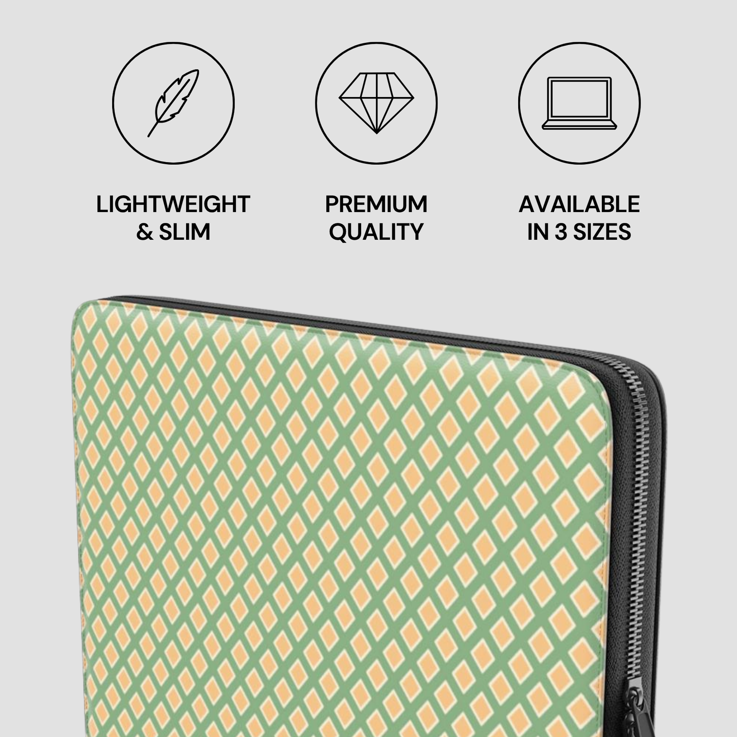 Laptop sleeve with geometric pattern on a light gray background with feature icons and text.