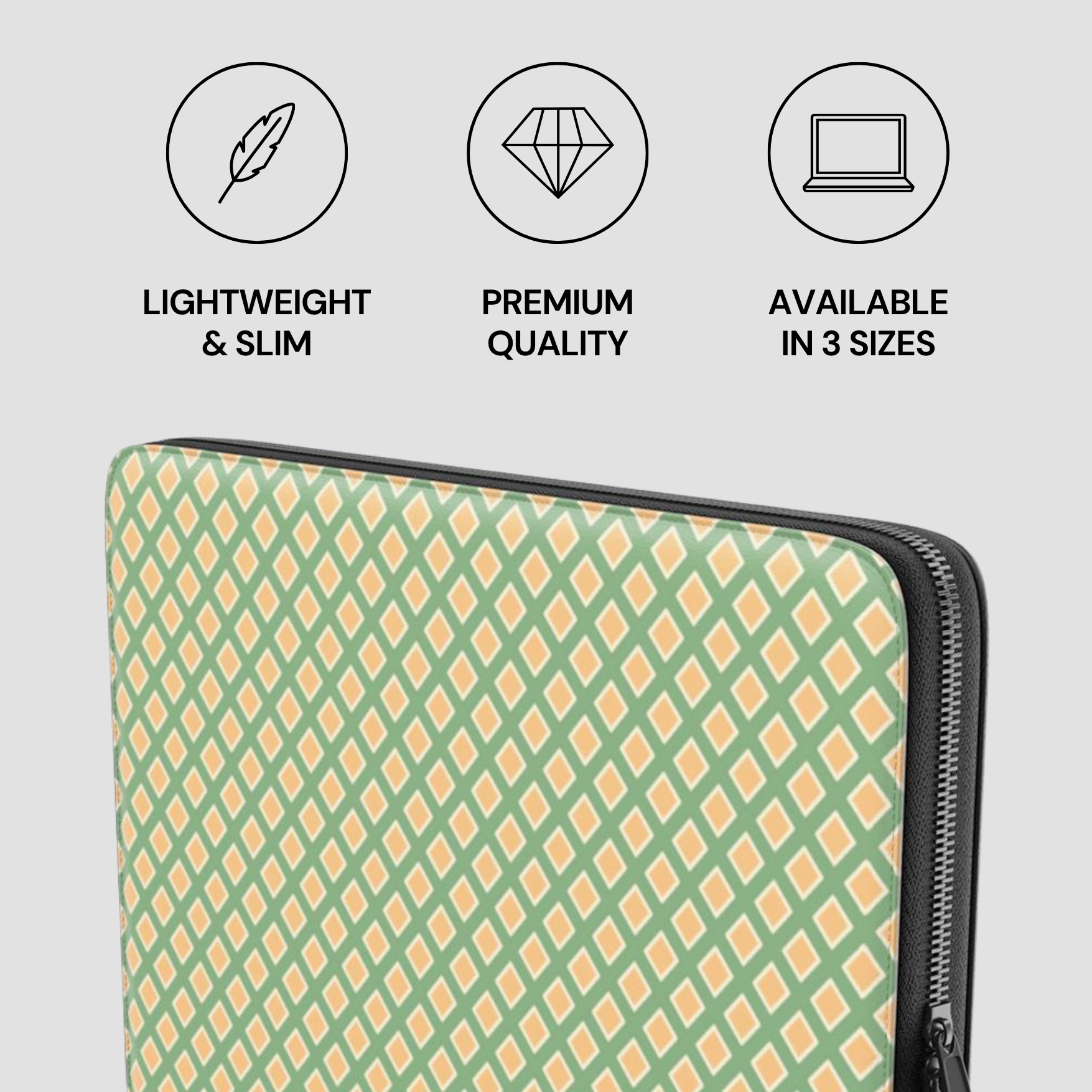 Laptop sleeve with geometric pattern on a light gray background with feature icons and text.
