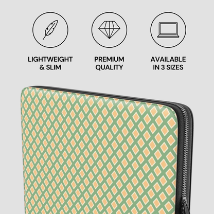 Laptop sleeve with geometric pattern on a light gray background with feature icons and text.