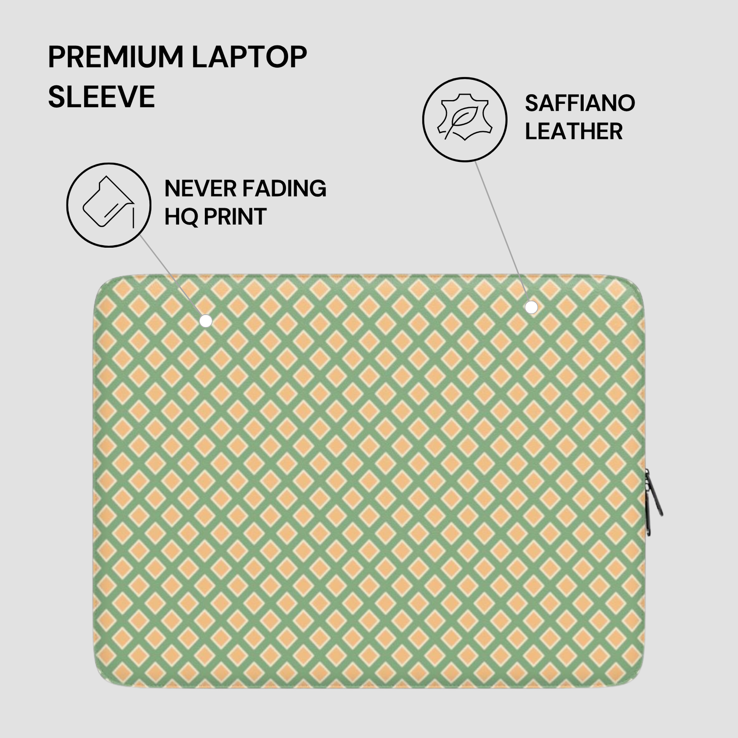 Green and orange patterned laptop sleeve with text highlighting features on a light gray background
