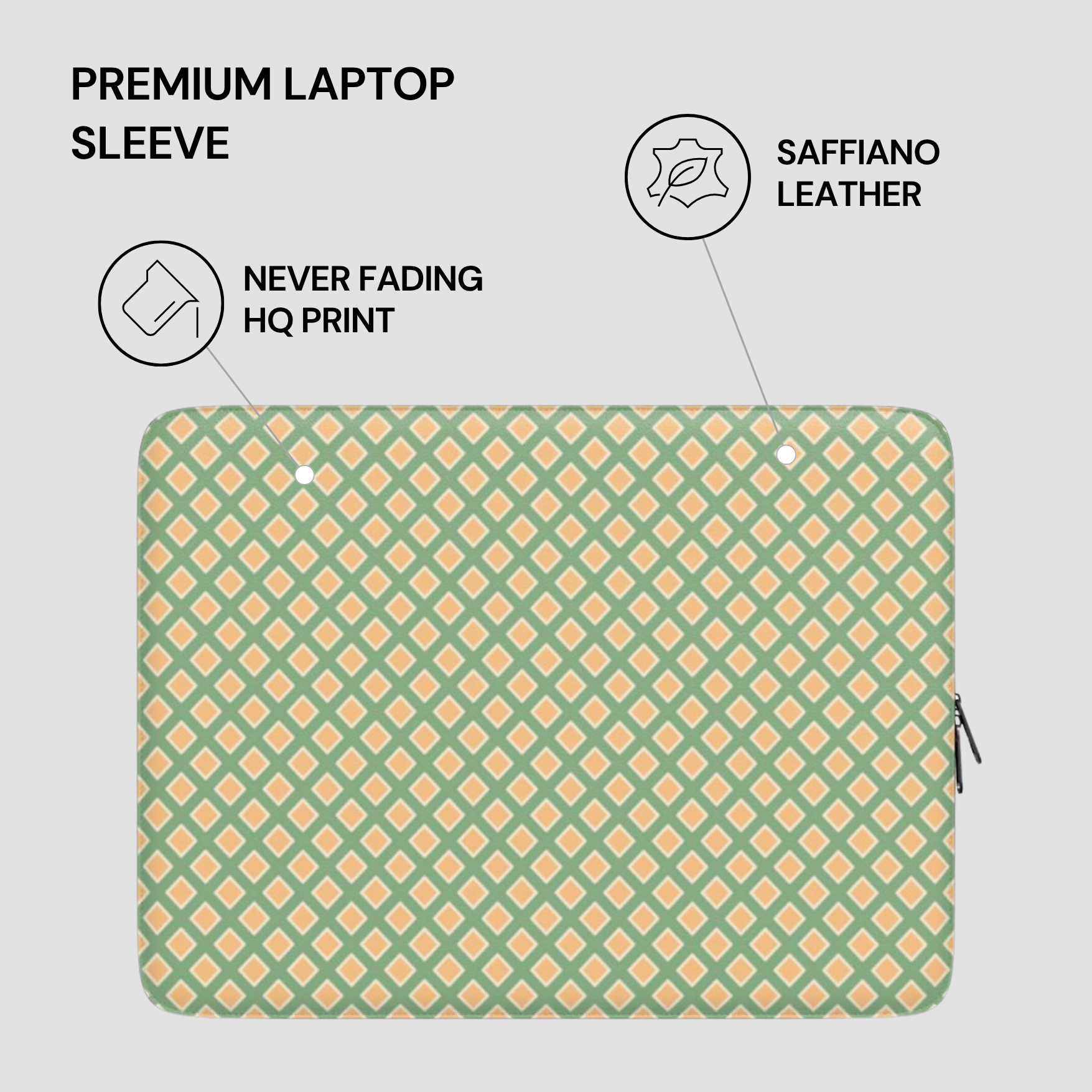 Green and orange patterned laptop sleeve with text highlighting features on a light gray background