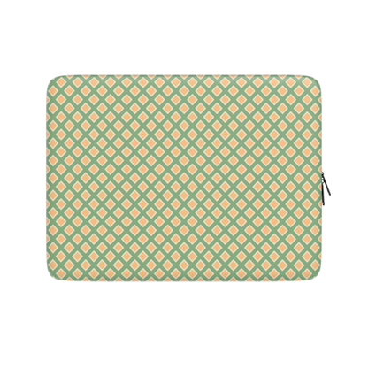 Laptop sleeve with green and orange geometric pattern on a white background