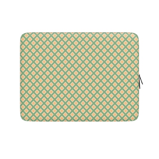 Laptop sleeve with green and orange geometric pattern on a white background