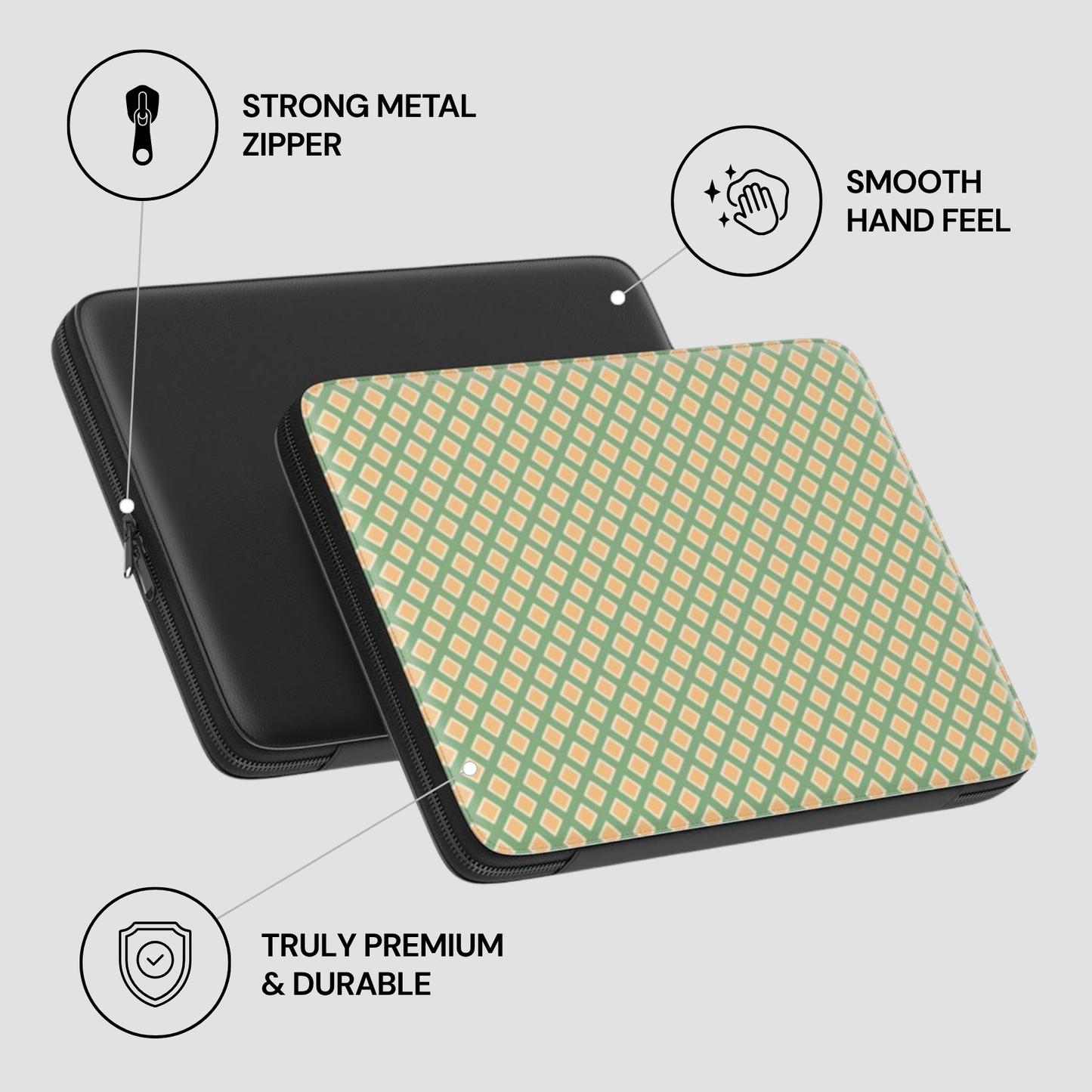 Green and orange checkered laptop sleeve with text highlighting features on a gray background