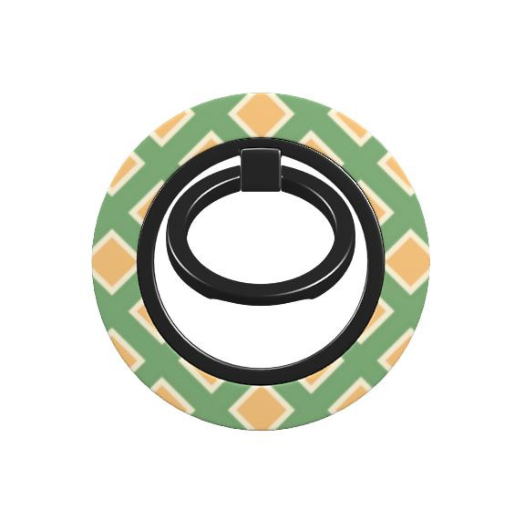 Phone ring holder with green and orange checkered design on a white background