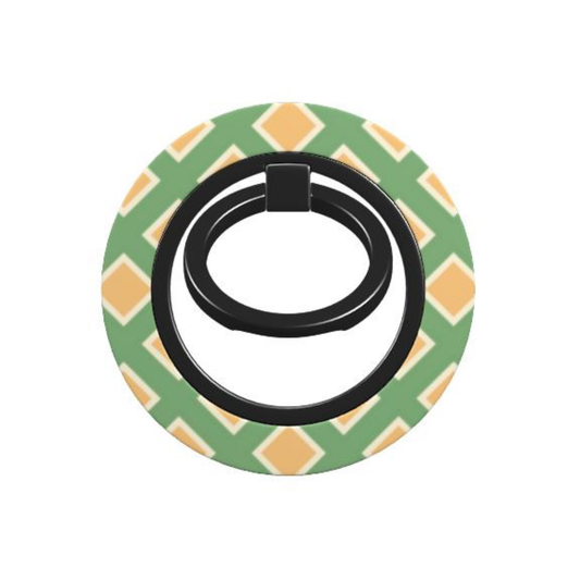 Phone ring holder with green and orange checkered design on a white background