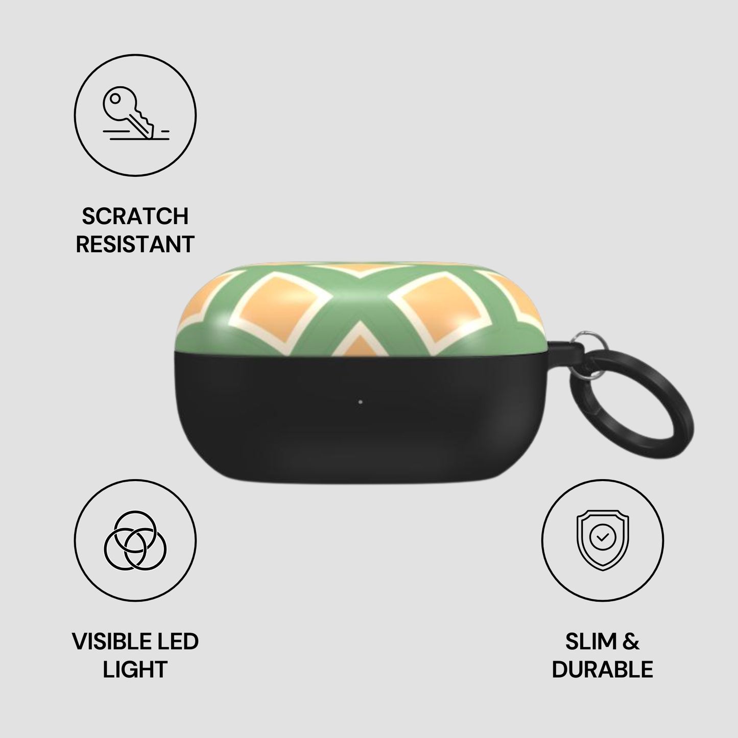 Green and black case with keychain on a gray background
