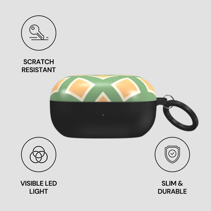 Green and black case with keychain on a gray background