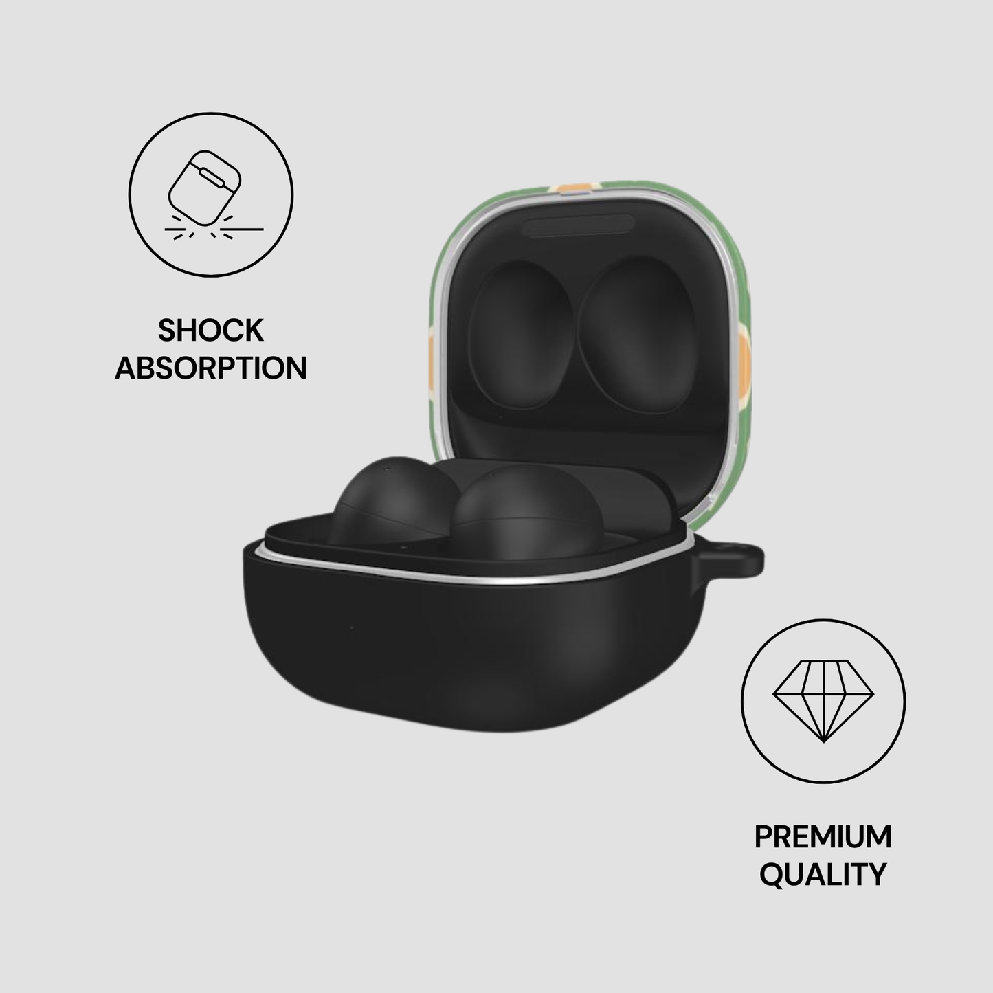 Black earbuds in a colorful case with 'Shock Absorption' and 'Premium Quality' icons on a light gray background.