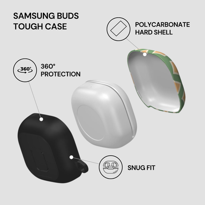 Samsung Buds Tough Case with features highlighted on a gray background