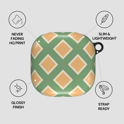 Green and beige patterned case with features listed on a gray background