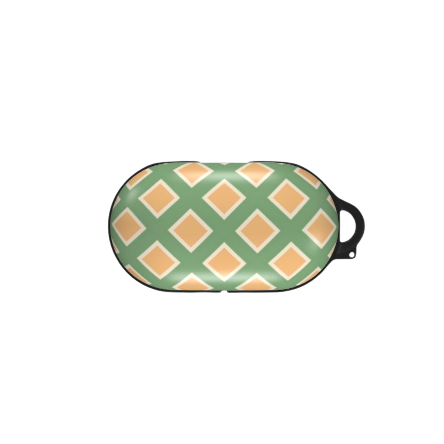 earbuds with green and beige checkered pattern on a white background