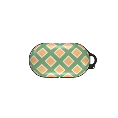 earbuds with green and beige checkered pattern on a white background