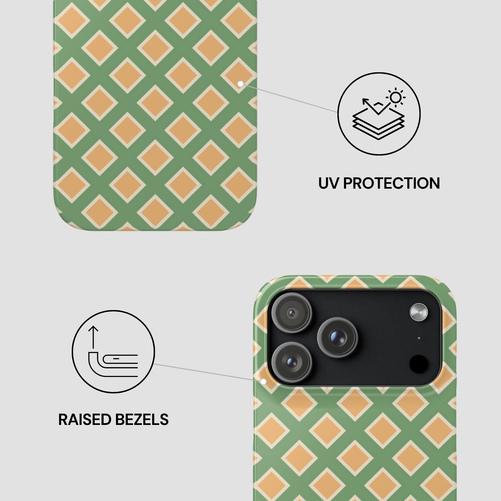 Phone case with geometric pattern and UV protection and raised bezels features on a light gray background