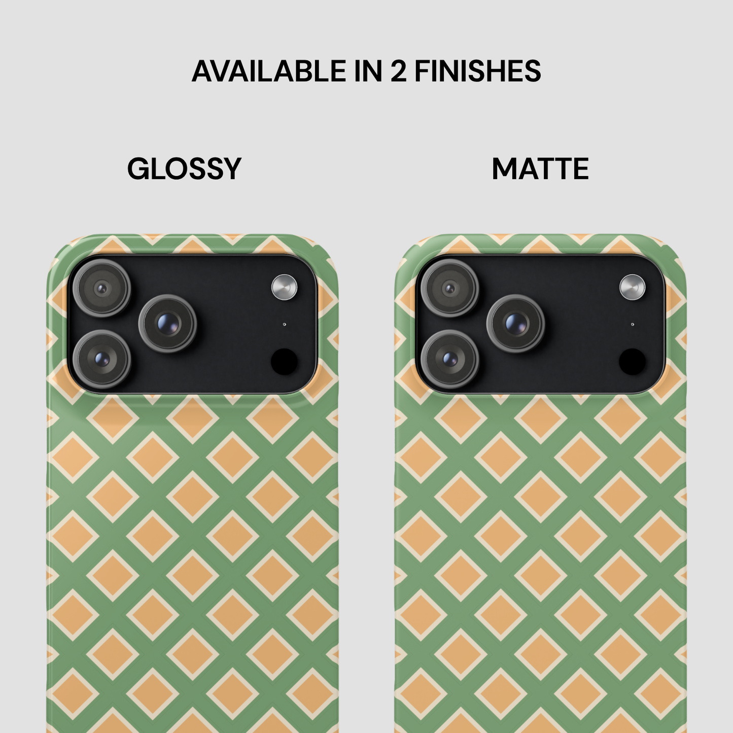 Two phone cases with green and orange geometric pattern, one glossy and one matte finish comparison.