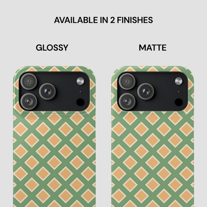 Two phone cases with green and orange geometric pattern, one glossy and one matte finish comparison.