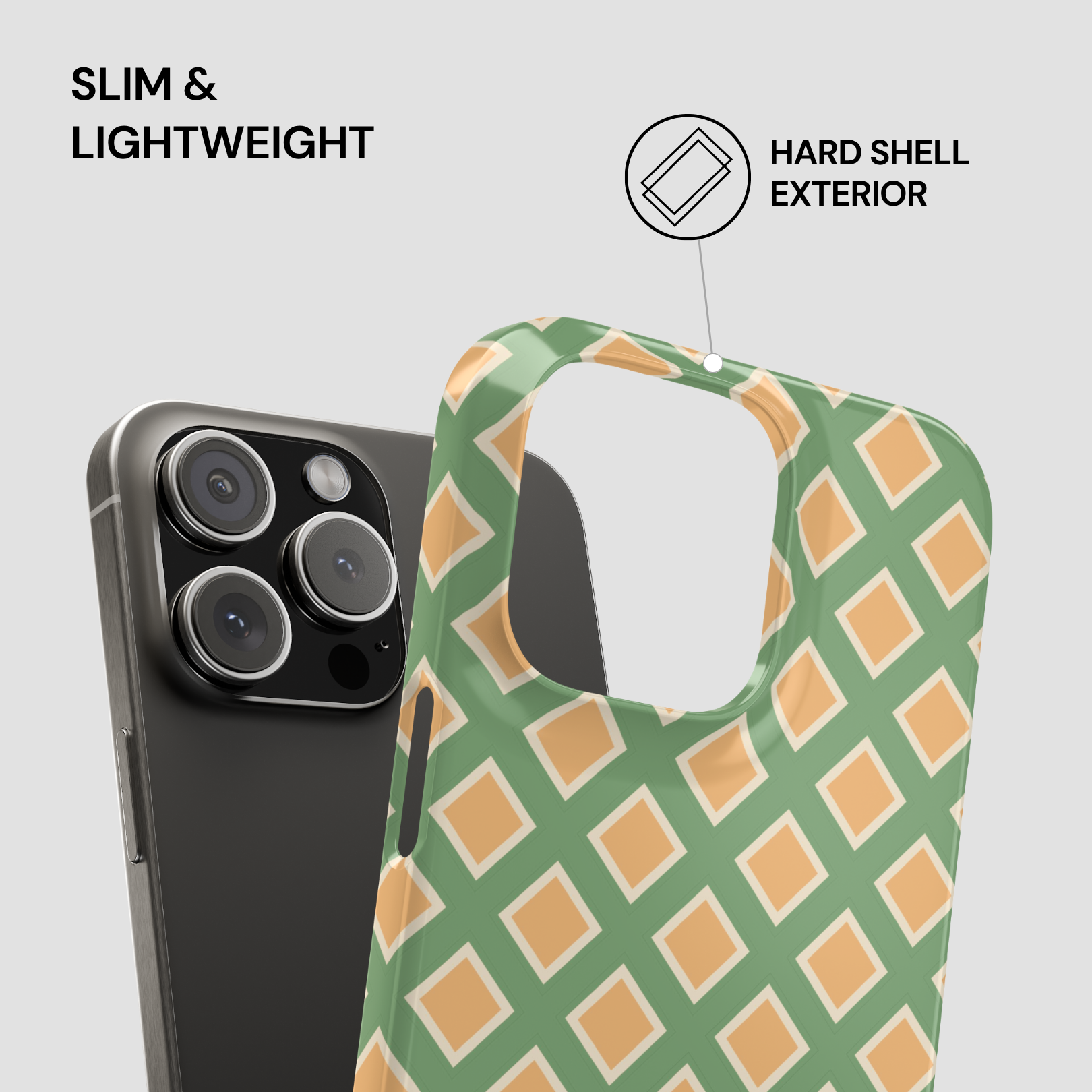 Phone case with green and orange geometric pattern next to a smartphone on a light gray background