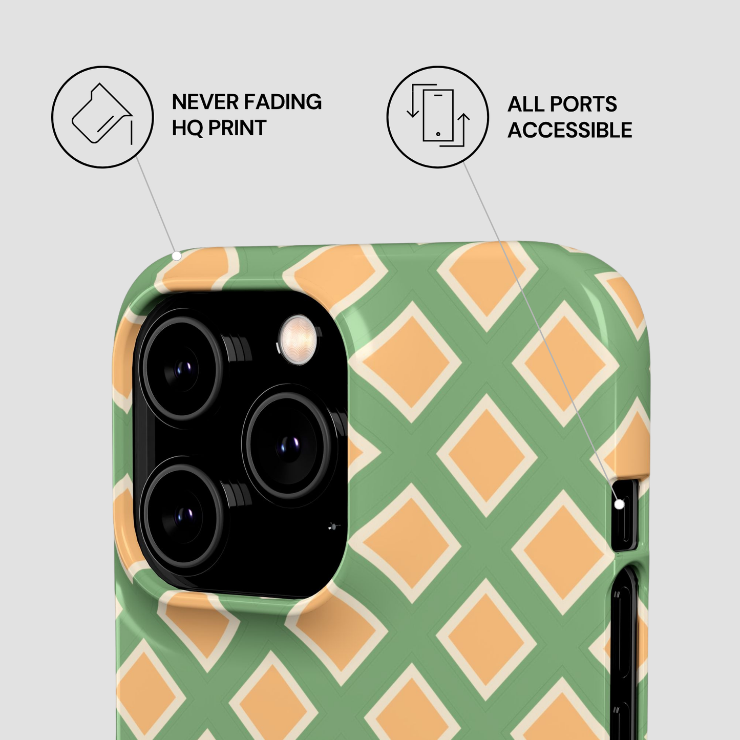 Phone case with green and orange geometric pattern on a light gray background