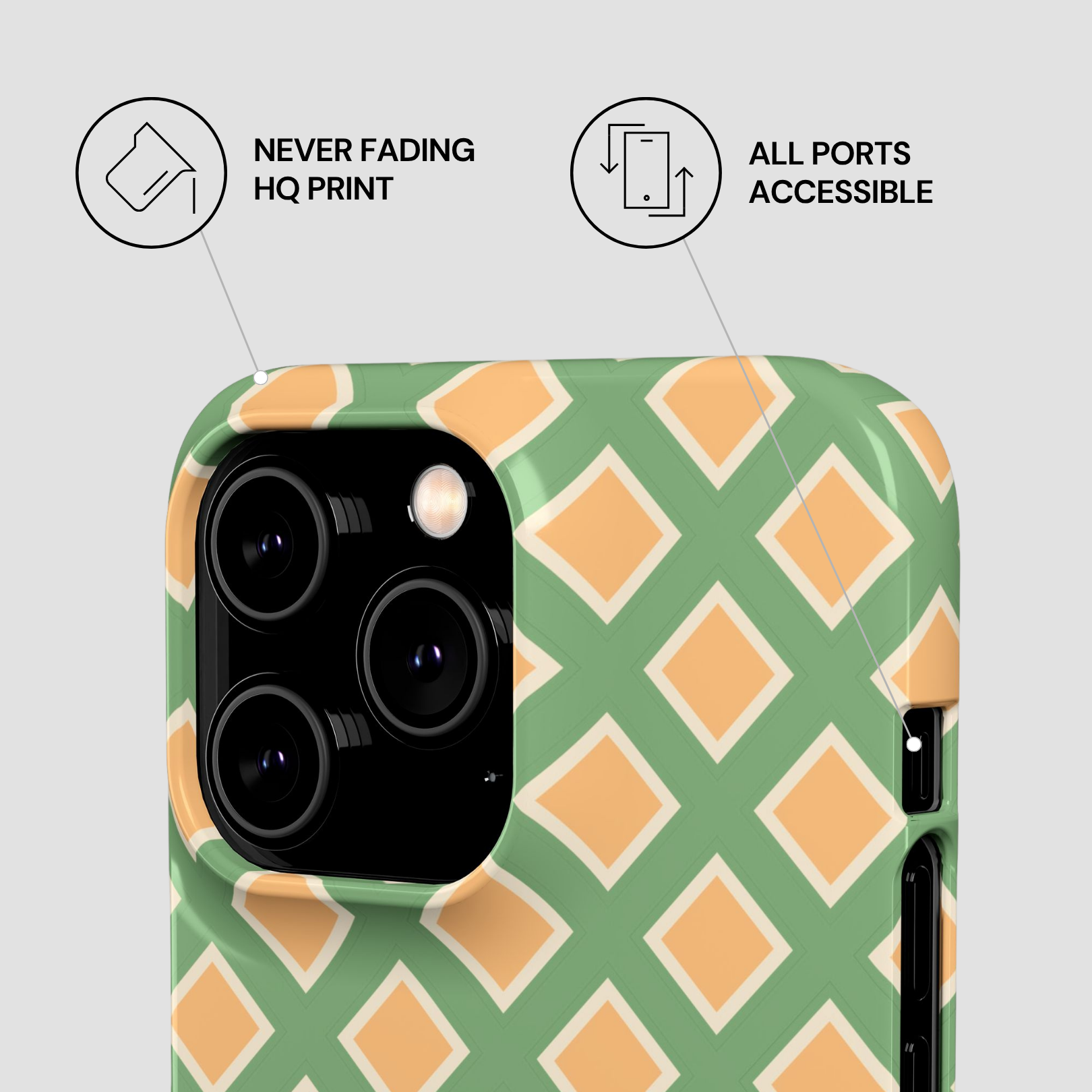 Phone case with green and orange geometric pattern on a light gray background