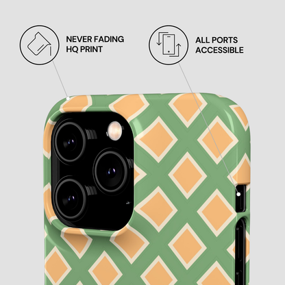 Phone case with green and orange geometric pattern on a light gray background
