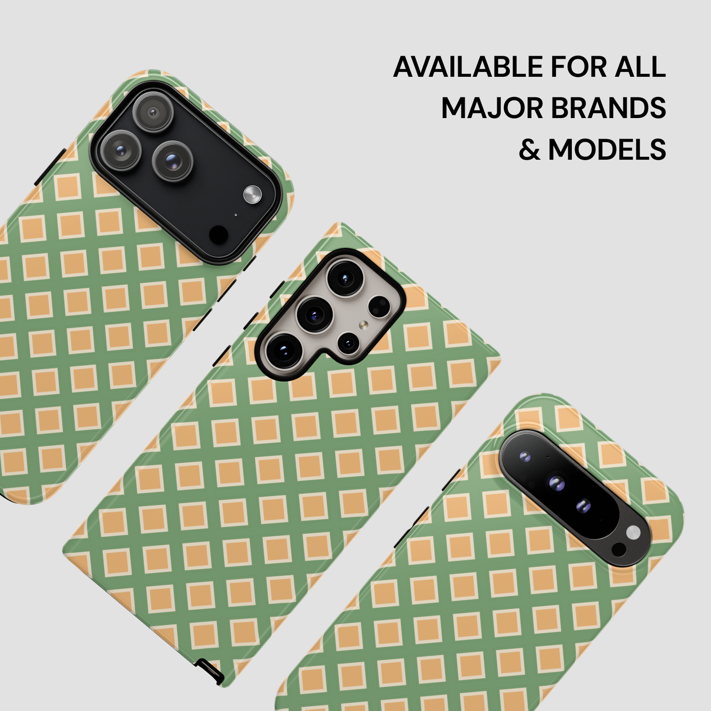 Phone case with green and orange checkered pattern on a white background