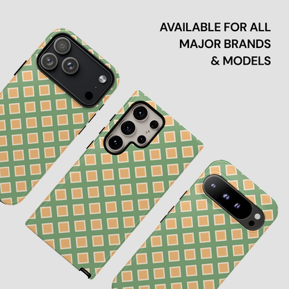 Phone case with green and orange checkered pattern on a white background