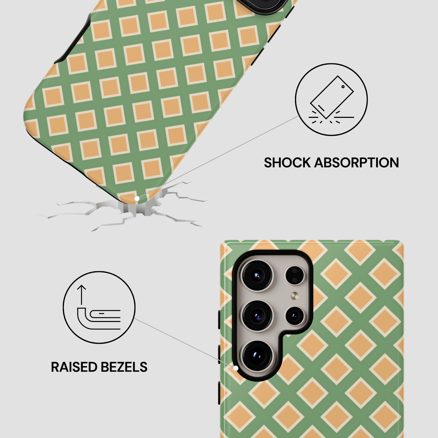 Phone case with geometric pattern and shock absorption features highlighted