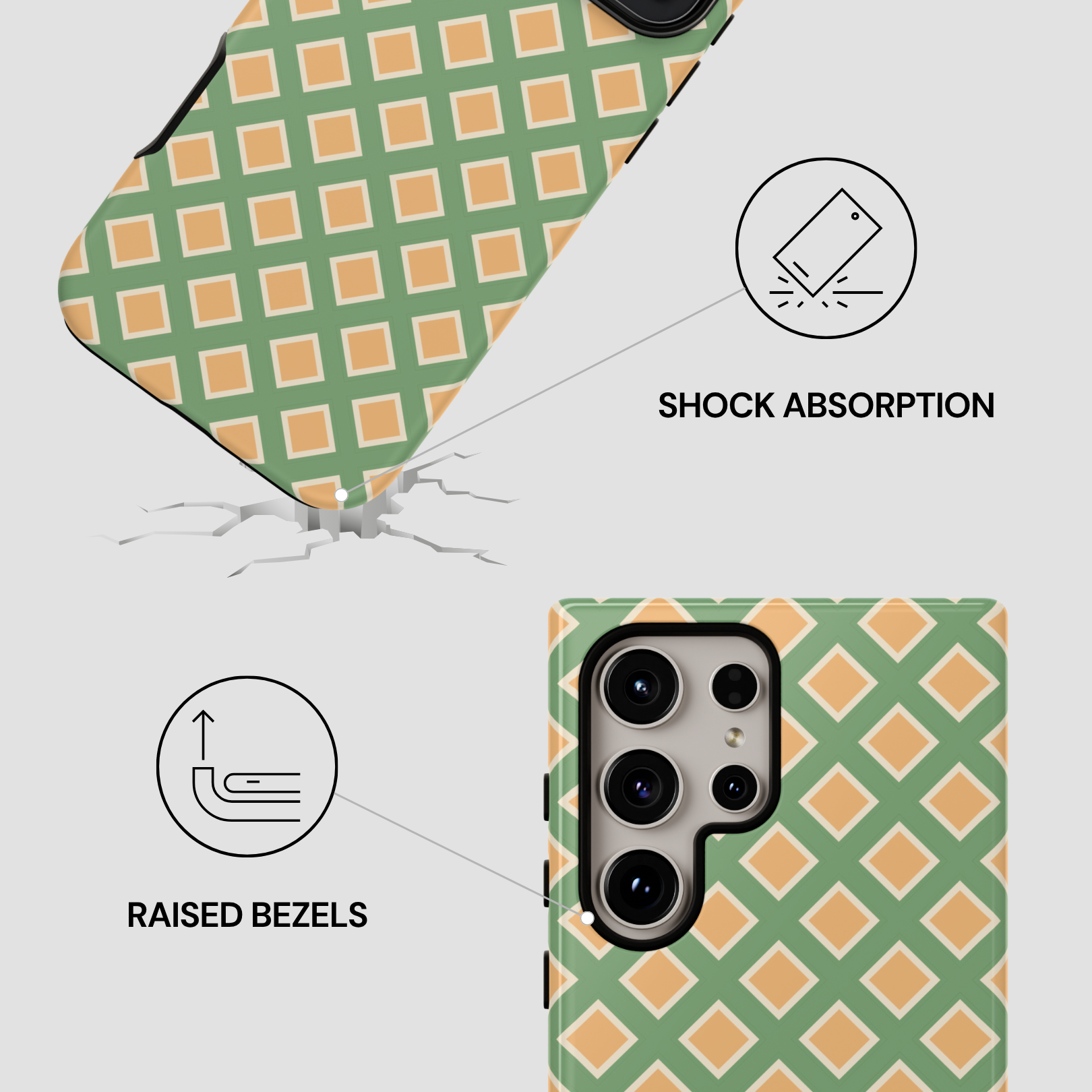 Phone case with geometric pattern and shock absorption features highlighted