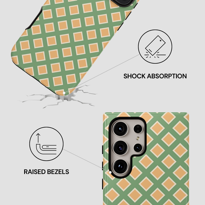 Phone case with geometric pattern and shock absorption features highlighted