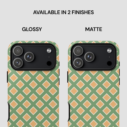 Two phone cases with green and orange geometric pattern, labeled 'Glossy' and 'Matte'.