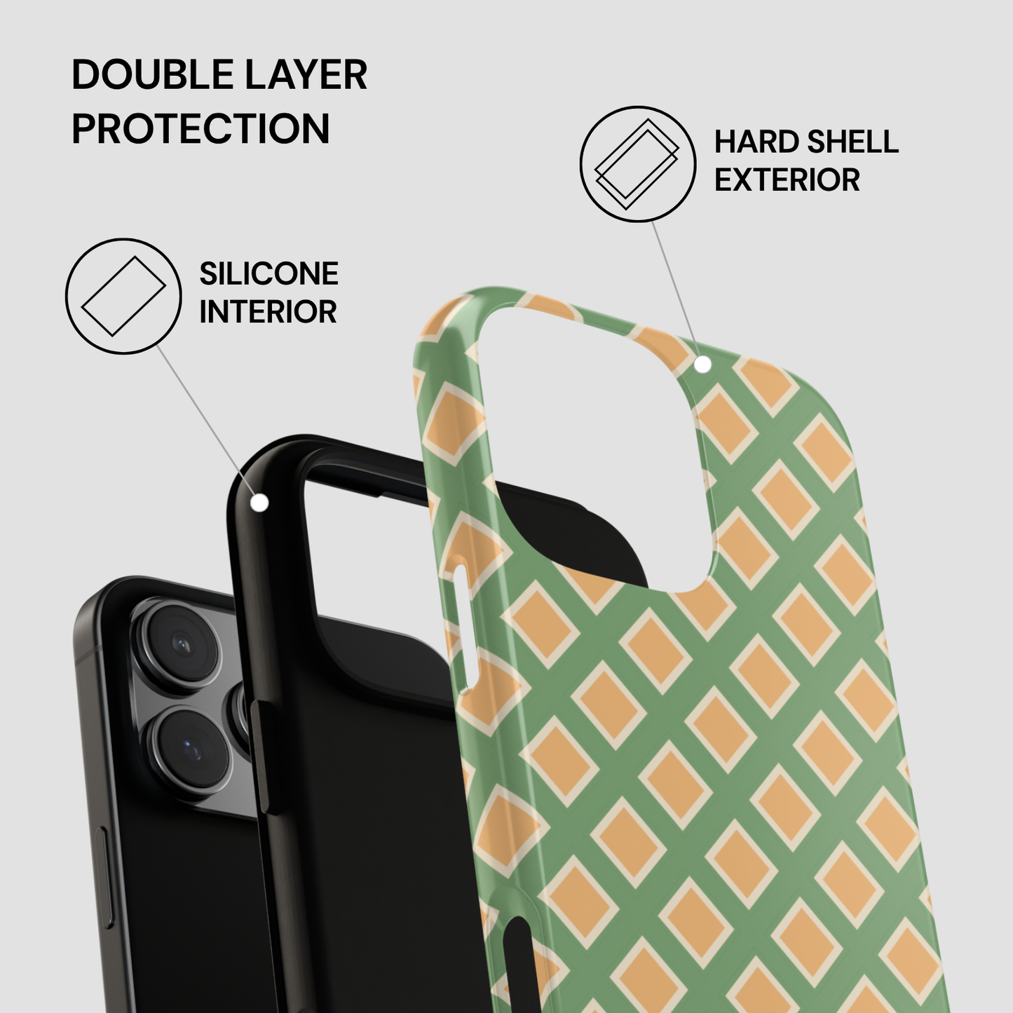 Phone case with green and orange pattern on a gray background