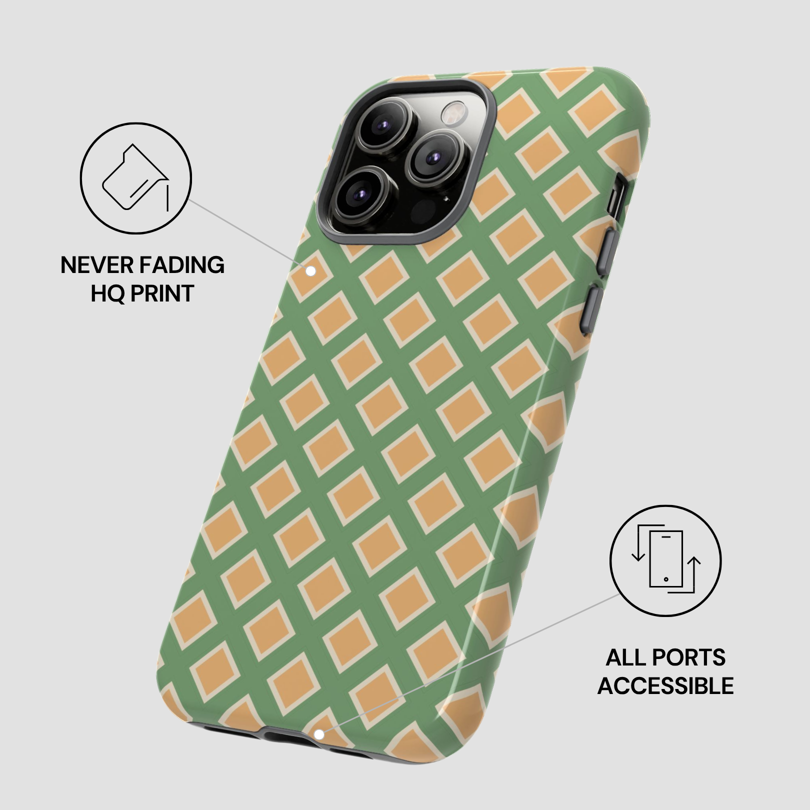 Phone case with green and brown geometric pattern on a light gray background