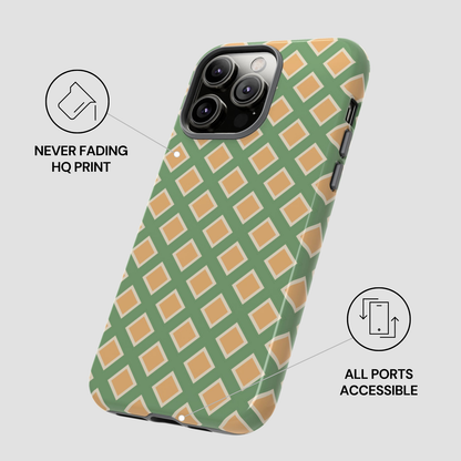 Phone case with green and brown geometric pattern on a light gray background